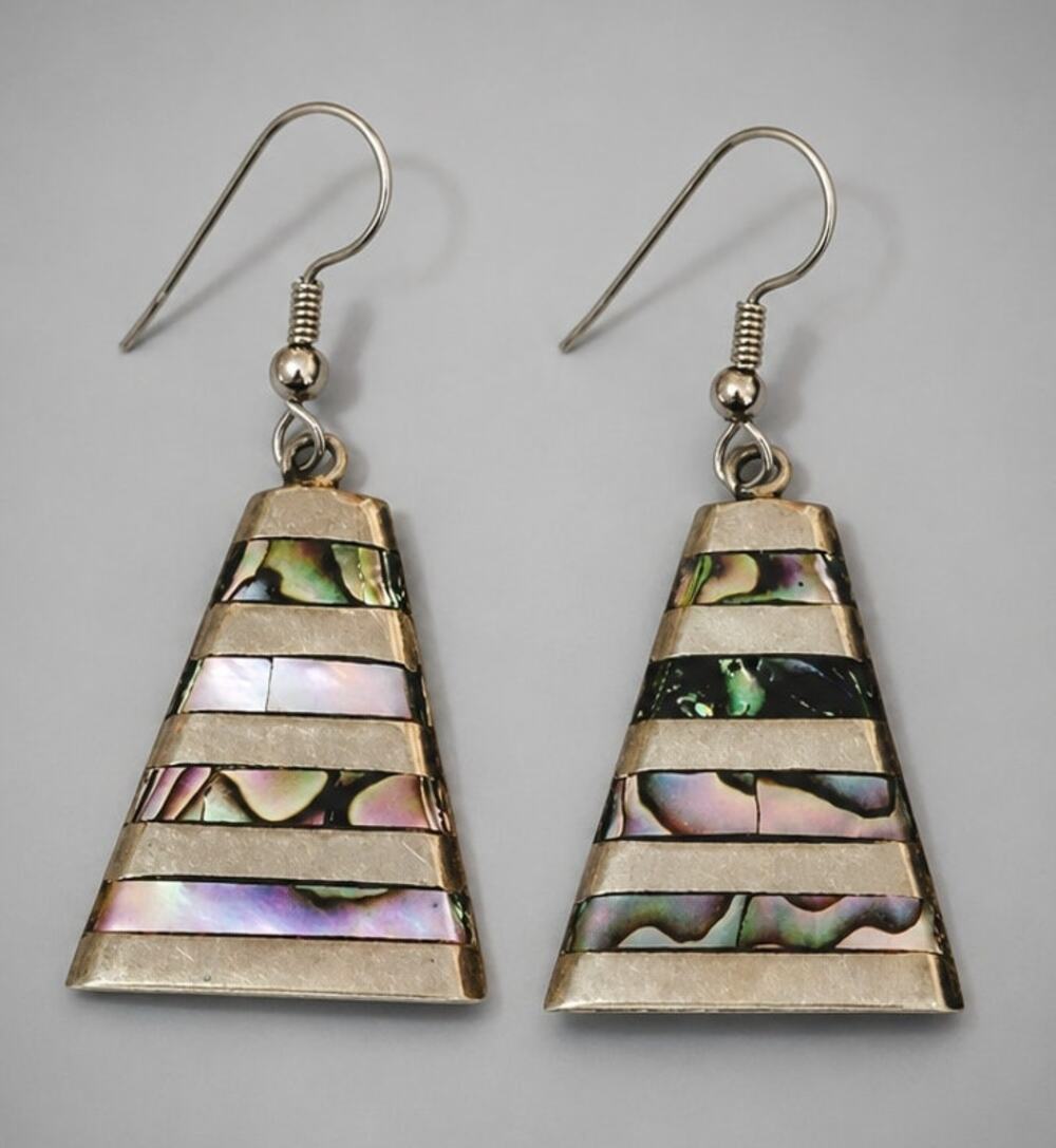 Vintage Mother of Pearl Long Dangle Earrings 2" Mexico Silver Tone Geometric Sp